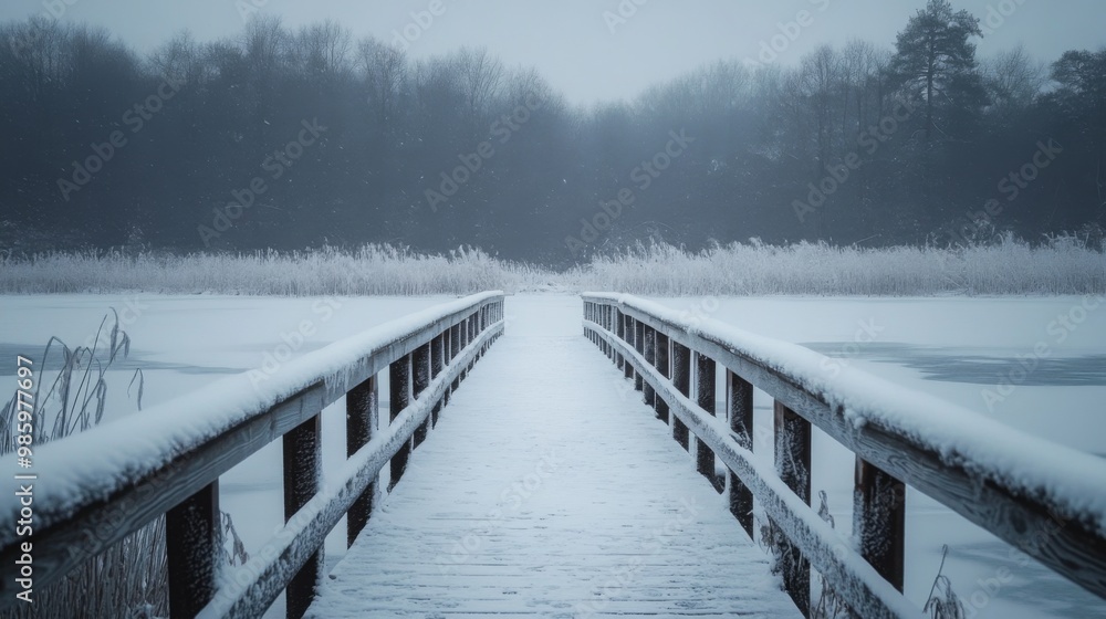 Naklejka premium Snow-Covered Wooden Bridge Leading Through Foggy Forest