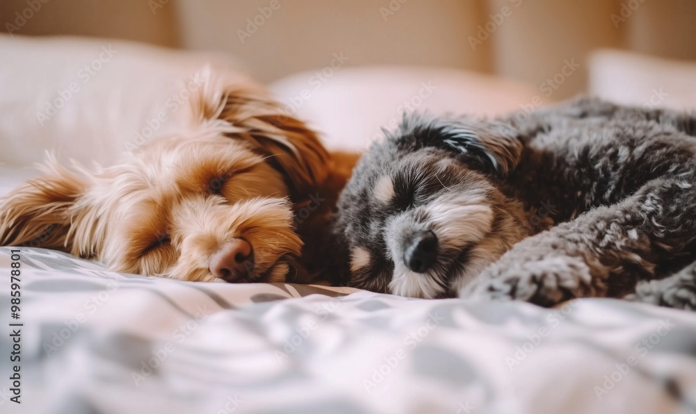 A dog curled up together on a bed A dog curled up together on a bed