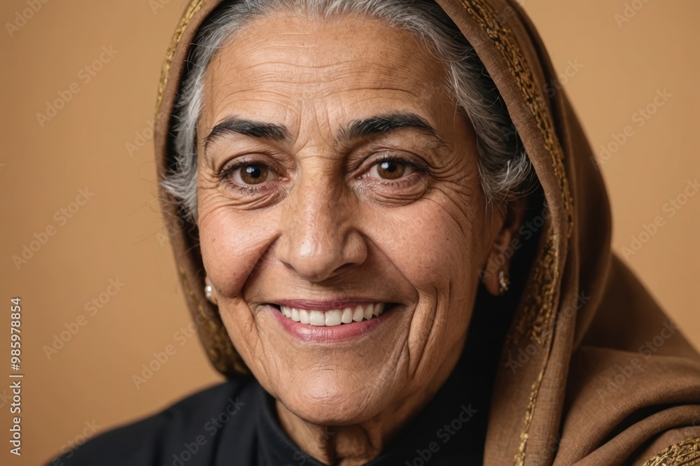 Full framed very close face portrait of a smiling senior arabic non binary with hazel eyes looking at the camera, studio shot,hazel background. Full framed very close face portrait of a smiling senior arabic non binary with hazel eyes looking at the camera, studio shot,hazel background.