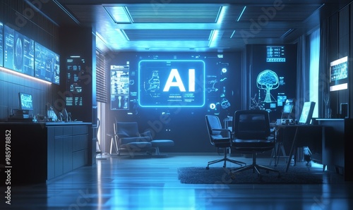 Futuristic office with glowing AI sign.