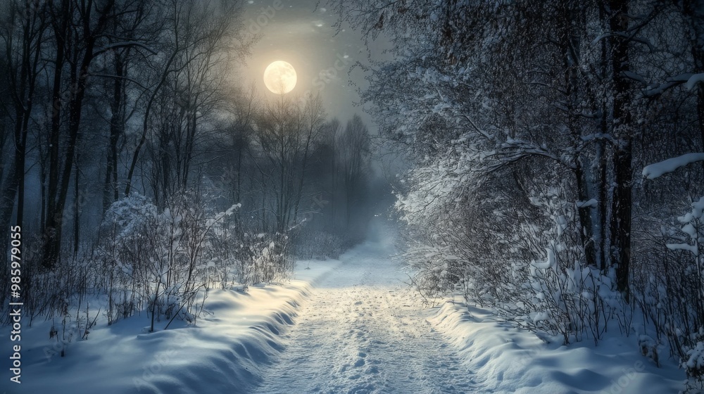 Fototapeta premium Snow-Covered Path Through a Forest Under a Full Moon
