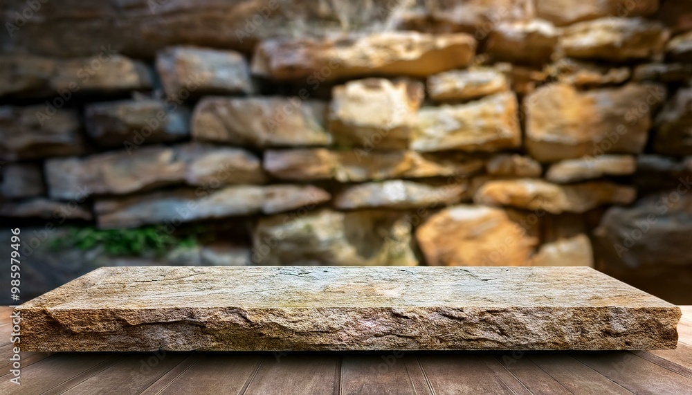 A Rock Mineral Product Display Shelf, Showing a Rough Texture to the Platform with a Blurred Ancient Stone Background. A Rock Mineral Product Display Shelf, Showing a Rough Texture to the Platform with a Blurred Ancient Stone Background.