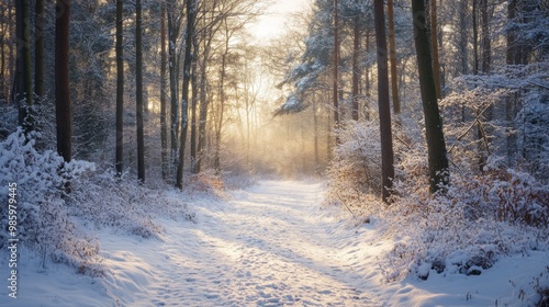 A Snowy Path Through a Sunlit Winter Forest