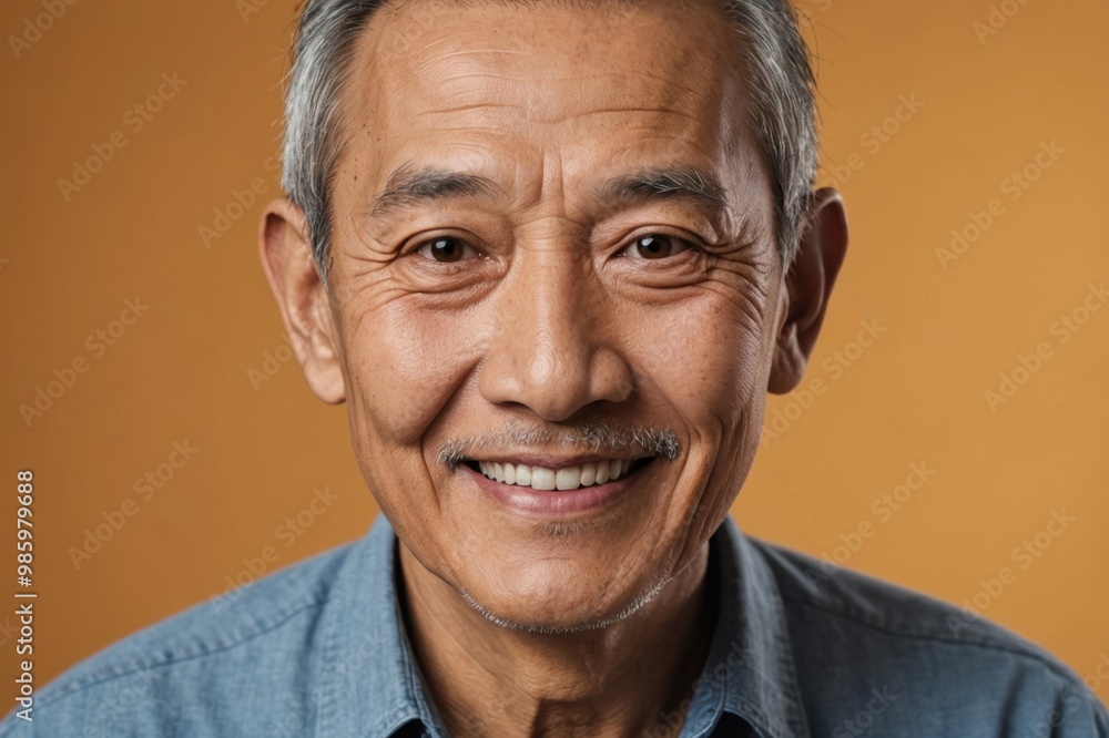 Full framed very close face portrait of a smiling senior asian man with amber eyes looking at the camera, studio shot,amber background. Full framed very close face portrait of a smiling senior asian man with amber eyes looking at the camera, studio shot,amber background.