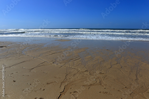 A tranquil scene of the Atlantic Ocean along the coast of Portugal, with waves breaking against a rocky barrier and grass-covered dunes overlookin photo