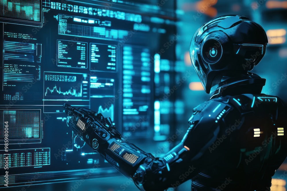 Futuristic Robot Interacting With Digital Data Screens Futuristic Robot Interacting With Digital Data Screens