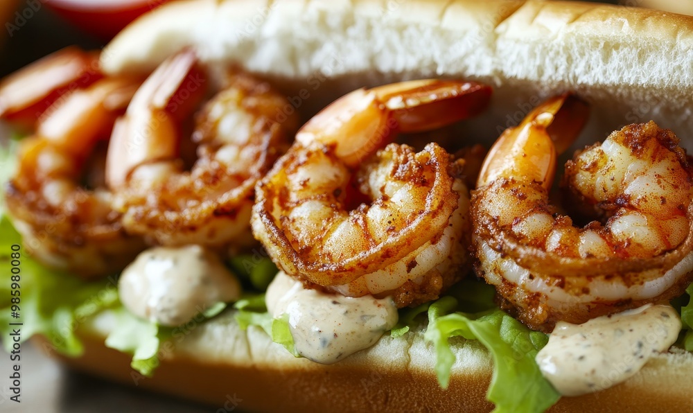 Shrimp po'boy with lettuce, sauce, and bun. Shrimp po'boy with lettuce, sauce, and bun.