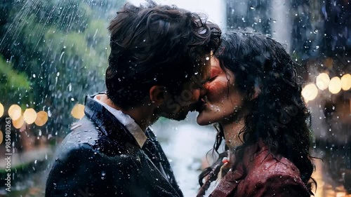 An attractive young couple kissing romantically outside in the rain