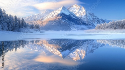 Snow-Covered Mountains Reflected in a Frozen Lake at Dawn