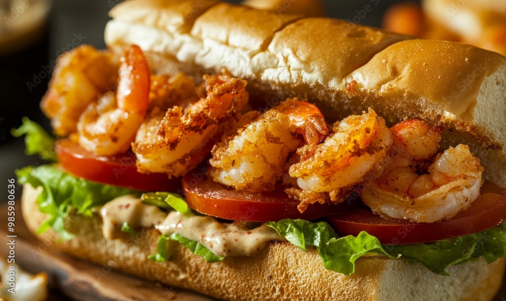 Shrimp po'boy sandwich with lettuce, tomato and sauce. Shrimp po'boy sandwich with lettuce, tomato and sauce.
