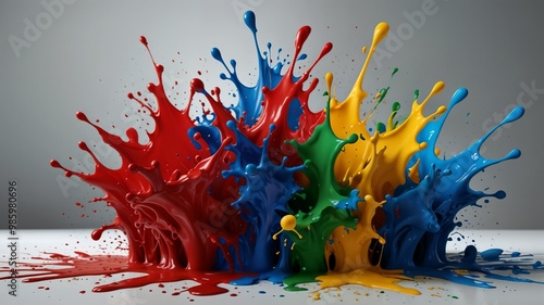An artistic desktop wallpaper displaying a multitude of paint splash hues