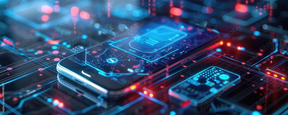 Glowing circuit board on a smartphone visualizing cybersecurity threats. Free copy space for banner. Glowing circuit board on a smartphone visualizing cybersecurity threats. Free copy space for banner.
