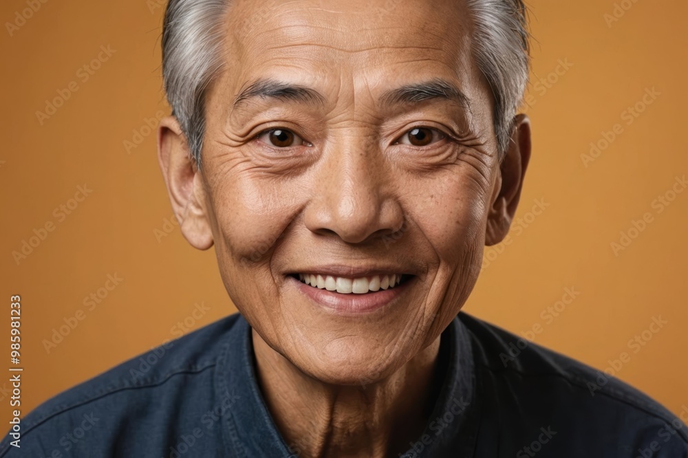 Full framed very close face portrait of a smiling senior asian non binary with amber eyes looking at the camera, studio shot,amber background. Full framed very close face portrait of a smiling senior asian non binary with amber eyes looking at the camera, studio shot,amber background.