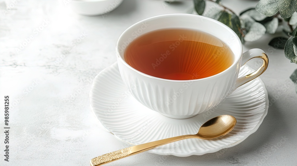Elegant Porcelain Teacup with Golden Amber Tea and Spoon: Perfect as a Stylish Poster for Cozy Interiors or Tea-Themed Decor with a Touch of Nature Elegant Porcelain Teacup with Golden Amber Tea and Spoon: Perfect as a Stylish Poster for Cozy Interiors or Tea-Themed Decor with a Touch of Nature