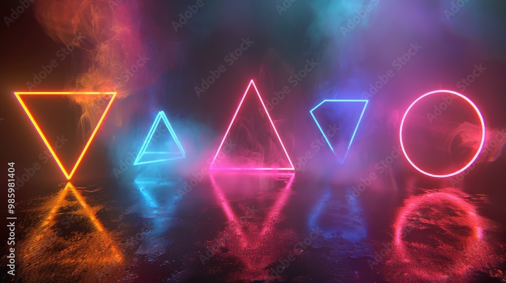 Neon geometric shapes in vibrant colors on a dark background. Concept of futuristic digital design and abstract art. Neon geometric shapes in vibrant colors on a dark background. Concept of futuristic digital design and abstract art.