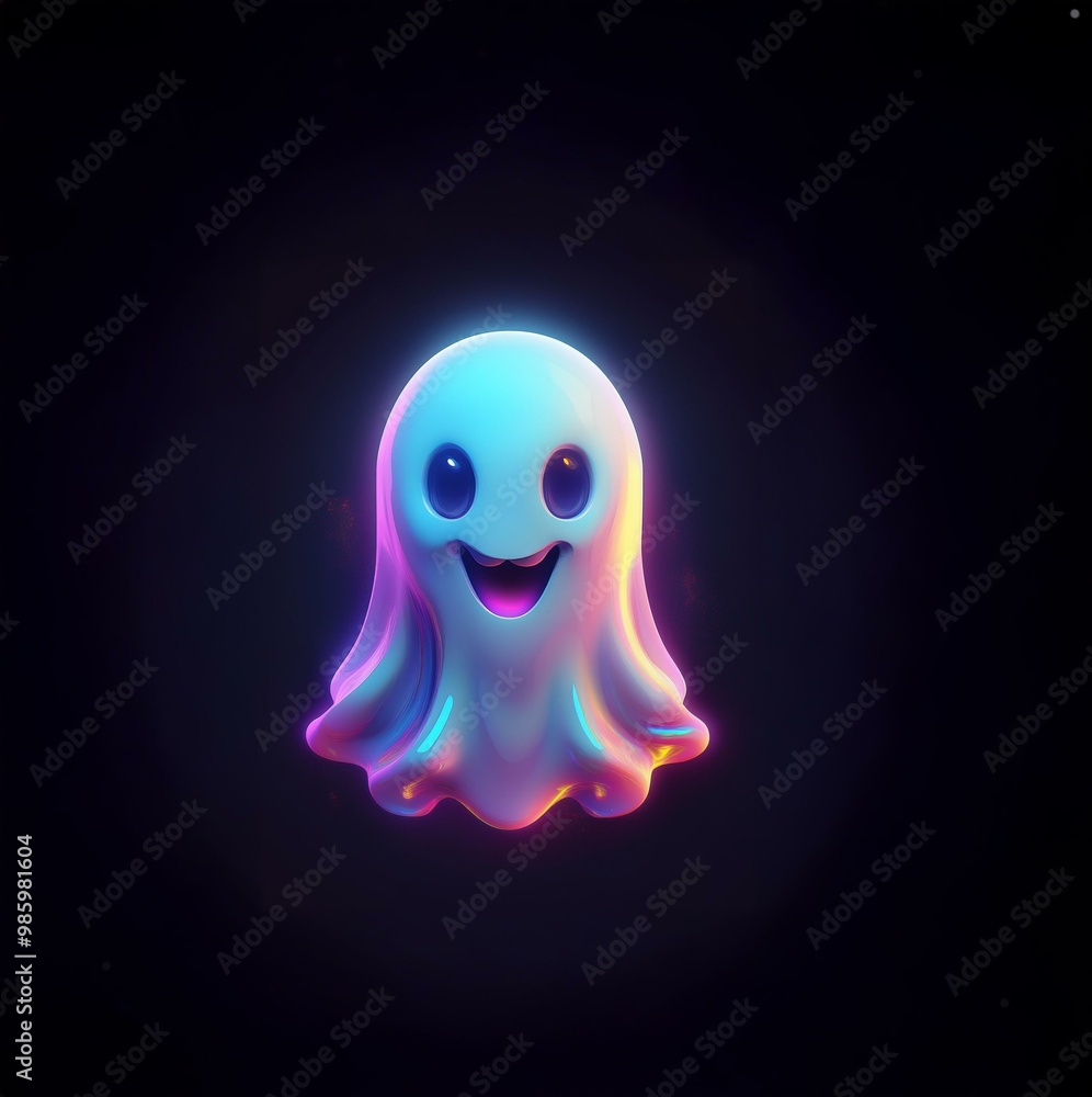 A glowing, happy ghost with iridescent highlights against a dark background. A glowing, happy ghost with iridescent highlights against a dark background.