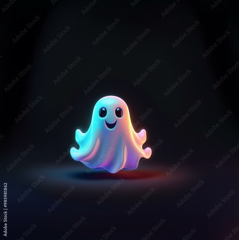 A glowing white ghost with black eyes and a smile floats in the air above a dark background. A glowing white ghost with black eyes and a smile floats in the air above a dark background.