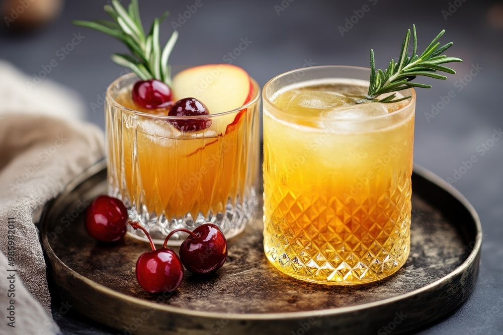 A round tray holds two cocktails in patterned glasses one with cherry and apple vodka the other a golden drink both topped with rosemary A round tray holds two cocktails in patterned glasses one with cherry and apple vodka the other a golden drink both topped with rosemary