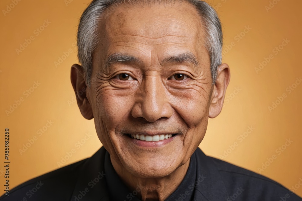 Full framed very close face portrait of a smiling senior japanese man with amber eyes looking at the camera, studio shot,amber background. Full framed very close face portrait of a smiling senior japanese man with amber eyes looking at the camera, studio shot,amber background.