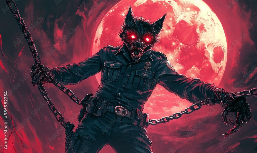 Werewolf officer chained in front of red moon. Werewolf officer chained in front of red moon.