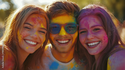 Group of happy people in Holi colors at festival