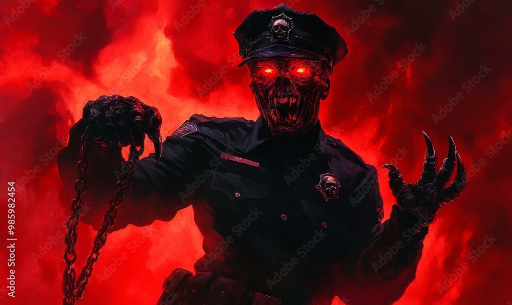 A terrifying zombie police officer with glowing eyes. A terrifying zombie police officer with glowing eyes.