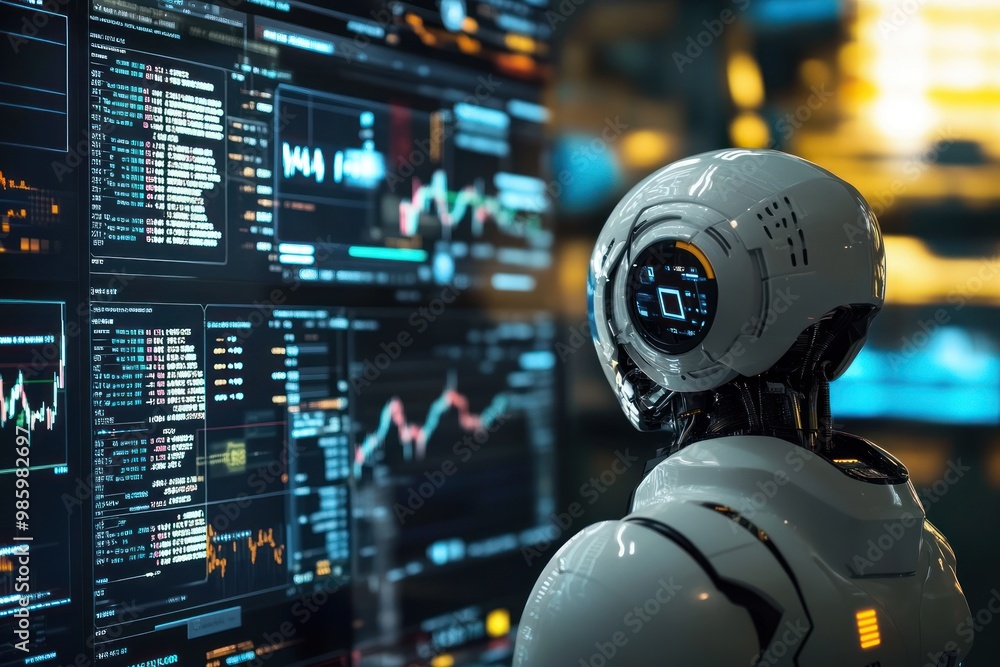 A White Robot Stands Before A Screen Displaying Data A White Robot Stands Before A Screen Displaying Data