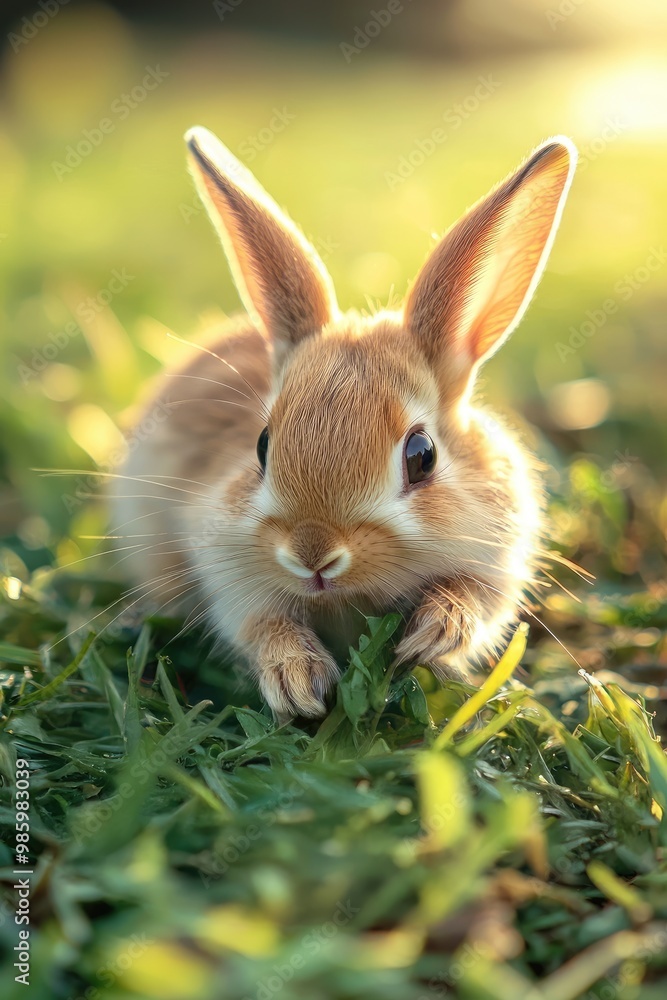 Fototapeta premium rabbits on a background of green grass. Selective focus