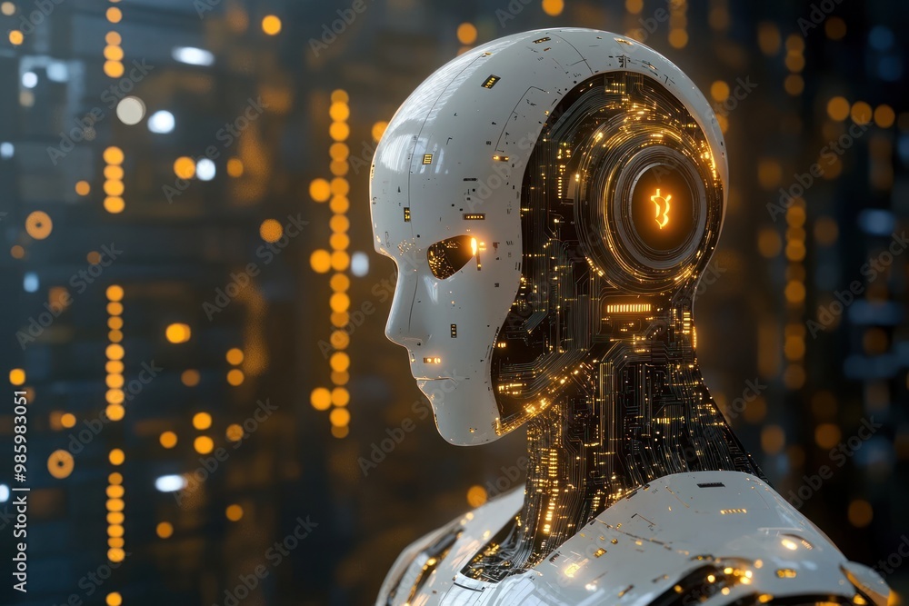 Fototapeta premium Close-up Portrait of a Glowing White Robot with Visible Circuitry