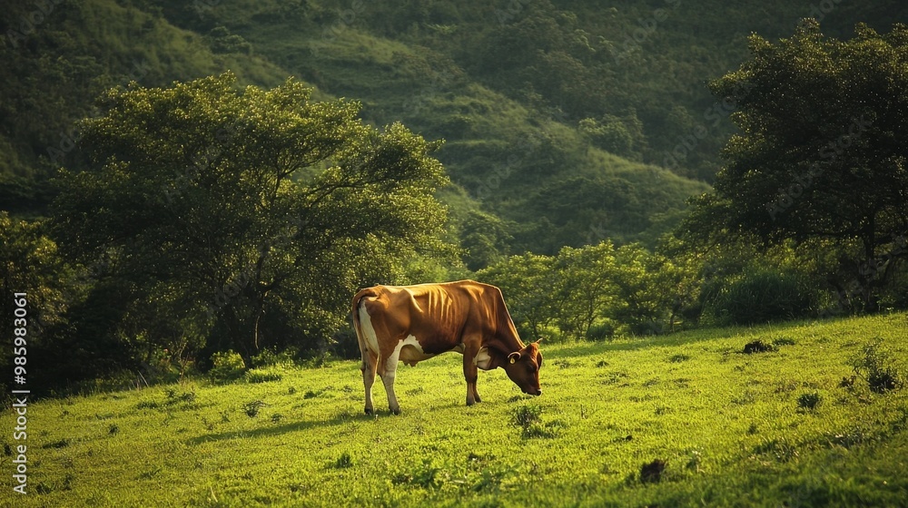Obraz premium Cow eats grass in field.