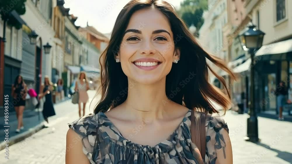 Happy female tourist in a summer dress walking through a city street, enjoying the architecture and vacation. Happy female tourist in a summer dress walking through a city street, enjoying the architecture and vacation.
