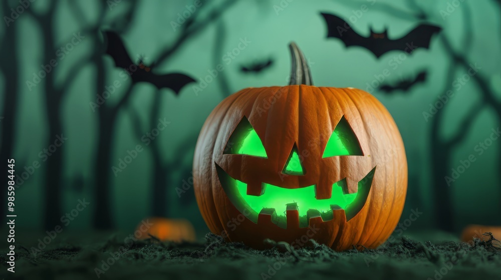 Obraz premium Spooky Halloween pumpkin with green glow in a misty forest, surrounded by flying bats and eerie trees.