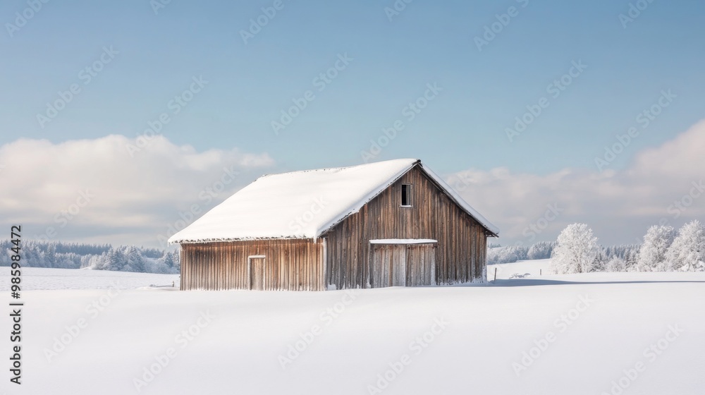 A Rustic Wooden Cabin Covered in Snow Against a Blue Sky A Rustic Wooden Cabin Covered in Snow Against a Blue Sky