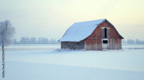 A Red Barn Stands Alone in a Snowy Winter Field