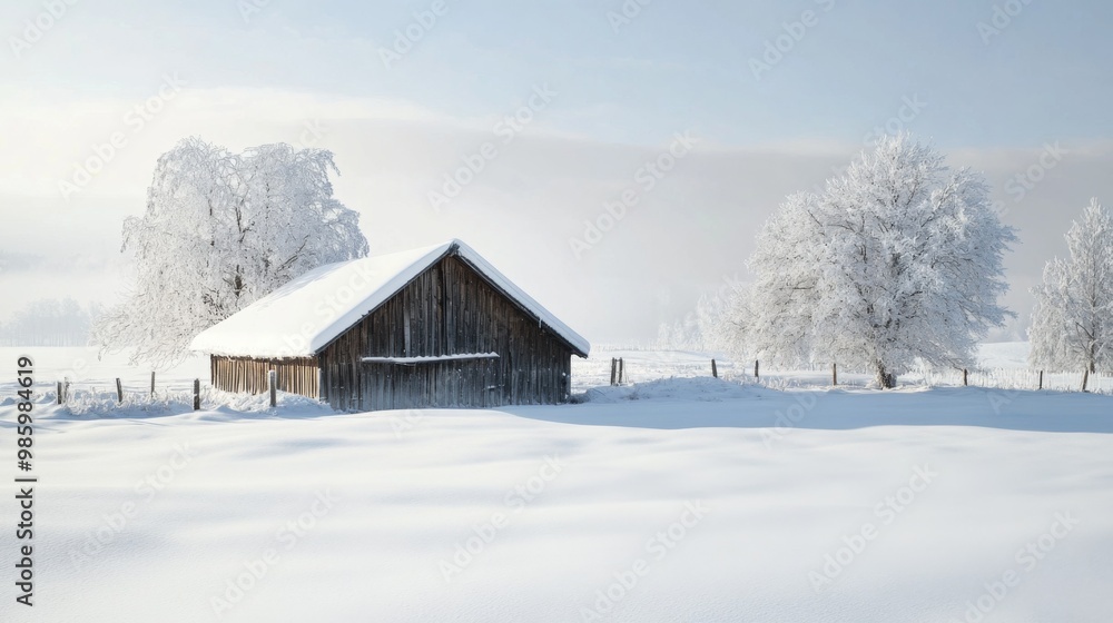 A Snowy Wooden Cabin Amidst Frosted Trees in a Winter Landscape A Snowy Wooden Cabin Amidst Frosted Trees in a Winter Landscape