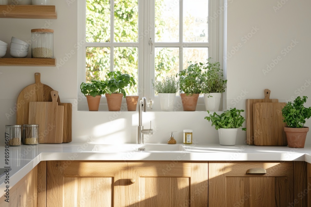 Fototapeta premium Bright Minimalist Kitchen. Wooden Cabinets. Modern Kitchen Interior Design.