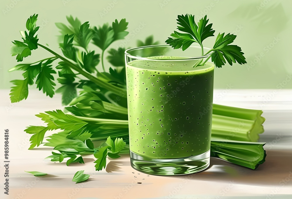 Fresh green smoothie in a glass, surrounded by parsley and other green vegetables, perfect for promoting healthy eating and wellness. Fresh green smoothie in a glass, surrounded by parsley and other green vegetables, perfect for promoting healthy eating and wellness.