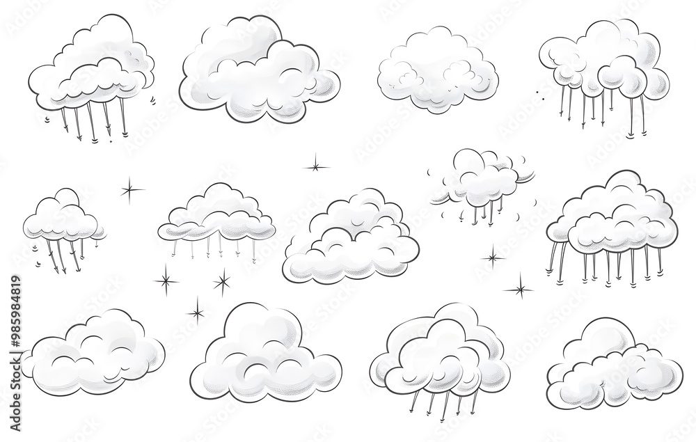 Illustration of clouds, set of cloud line drawings on a white background. Illustration of clouds, set of cloud line drawings on a white background.