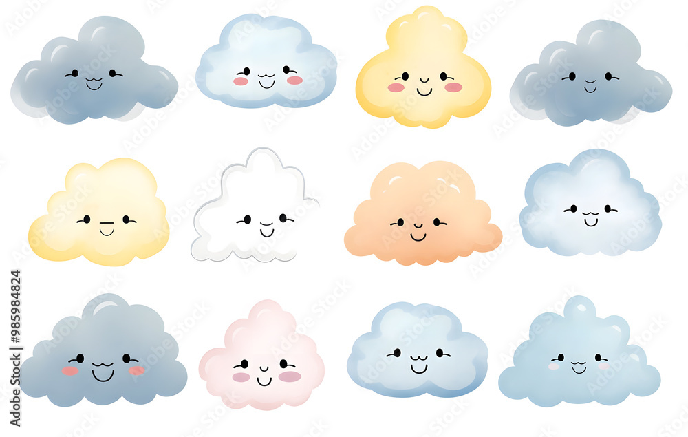 Illustration of clouds, set of colorful cartoon clouds on white background. Illustration of clouds, set of colorful cartoon clouds on white background.