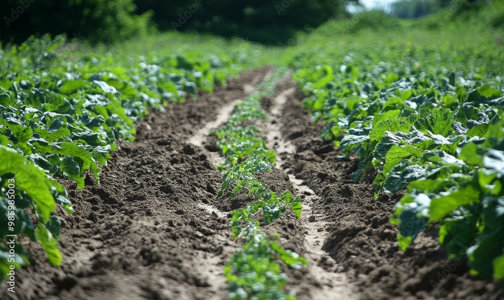 Green plants growing in rows on brown soil. Green plants growing in rows on brown soil.