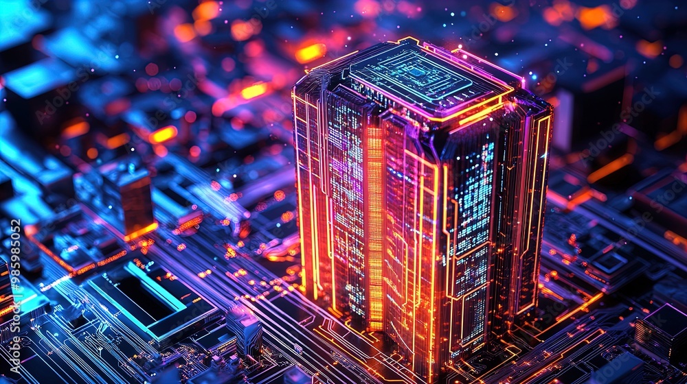 Obraz premium Futuristic High-Rise Metropolis: Neon-Lit Tech Cityscape Poster for Modern Interior Design, Featuring a Colorful Circuit Board with Sparkling Details - Perfect for Sports and Gaming Spaces!