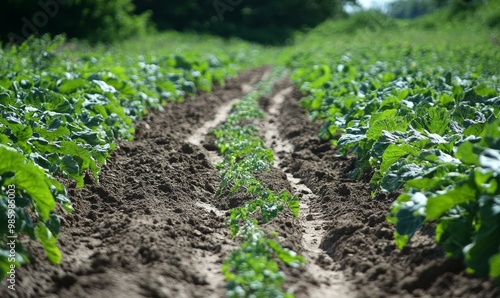 Green plants growing in rows on brown soil.