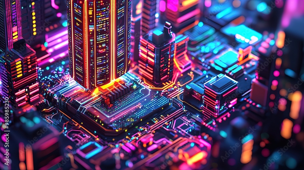 Obraz premium Futuristic High-Rise Metropolis: Neon-Lit Tech Cityscape Poster for Modern Interior Design, Featuring a Colorful Circuit Board with Sparkling Details - Perfect for Sports and Gaming Spaces!