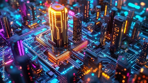 Futuristic High-Rise Metropolis: Neon-Lit Tech Cityscape Poster for Modern Interior Design, Featuring a Colorful Circuit Board with Sparkling Details - Perfect for Sports and Gaming Spaces!