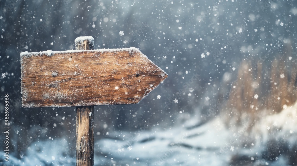 Fototapeta premium Wooden Arrow Sign with Snow Falling in a Winter Forest