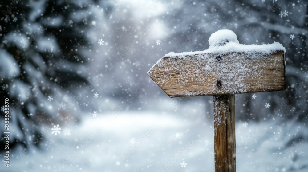 Naklejka premium Snow-Covered Wooden Signpost in a Winter Forest
