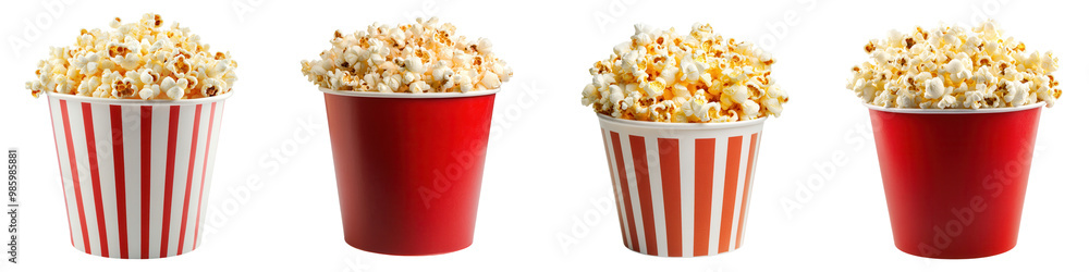 A vibrant display of popcorn in striped red and white cups, perfect for snacks at movies, parties, or gatherings. isolated on a transparent background