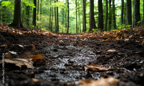 A muddy path through a forest.