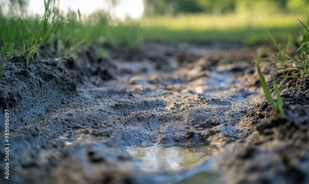 Muddy ground with a puddle reflecting the sky. Muddy ground with a puddle reflecting the sky.