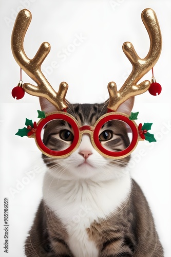 Cute funny cat in Christmas glasses like reindeer antlers photo